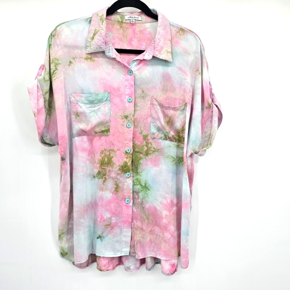 White Birch Tiedye Short Sleeve Button Down Flowy Breathable Blouse Womens Xl - Picture 1 of 6